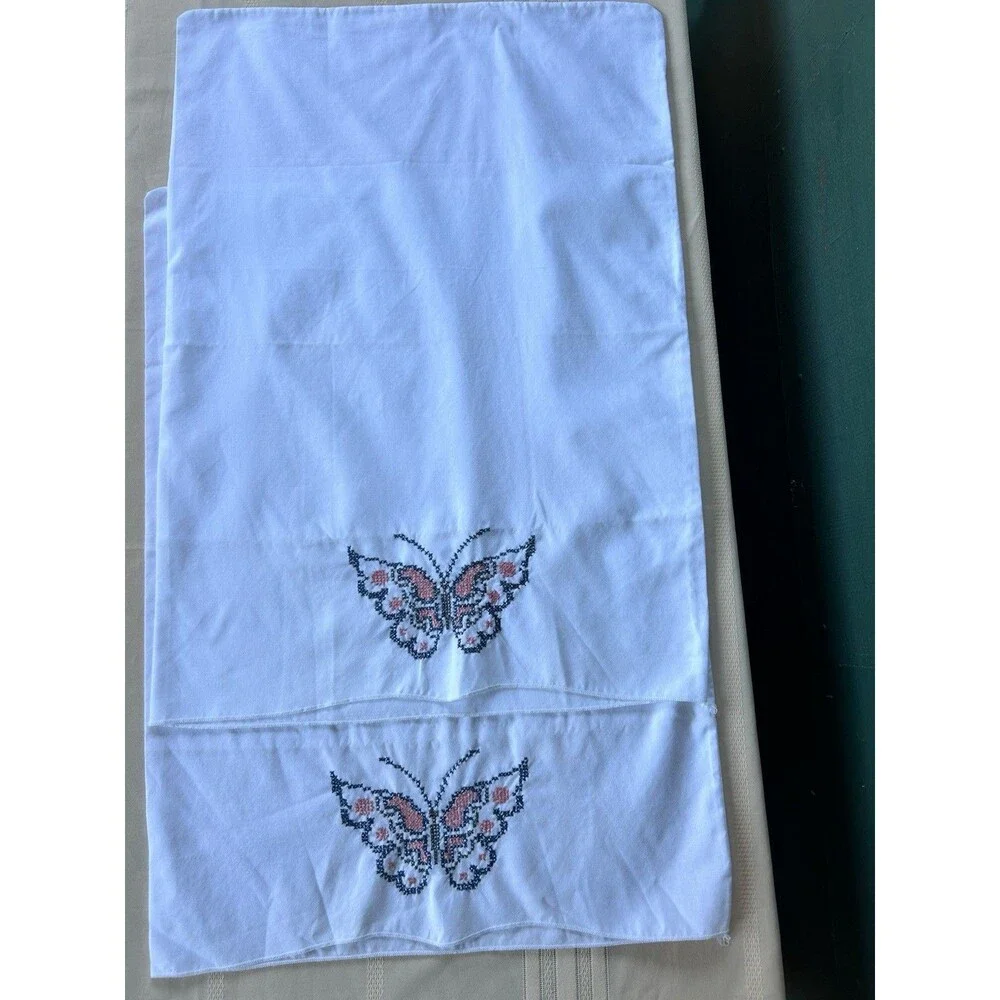 Vintage Cross Stitch Pillowcases Hand Embroidered Butterfly White 2 Pr Cottage